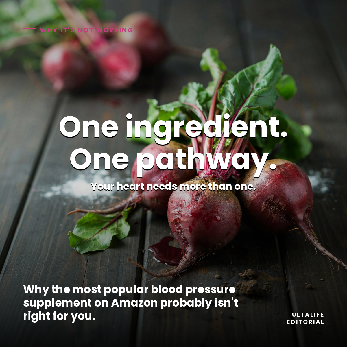 Fresh beet root vegetables on a dark wooden surface. Beet root supplements dominate the blood pressure category — but the 2024 research shows the science doesn't support sustained daily use for hypertension.