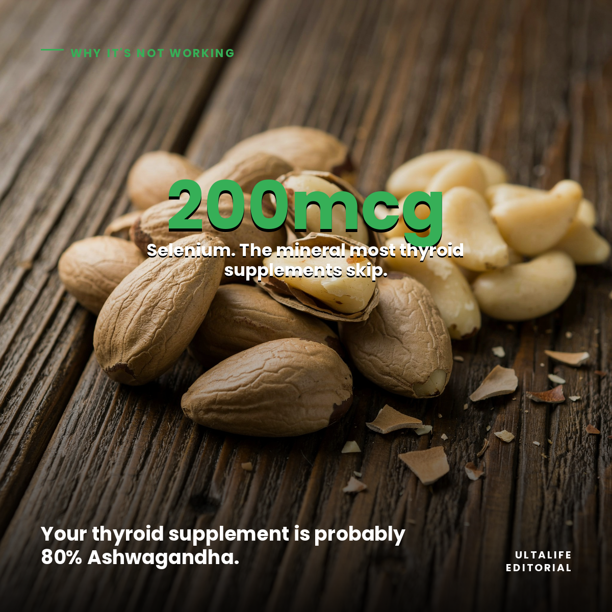 Brazil nuts on a dark wooden surface — the highest food source of selenium, the mineral the body uses to convert T4 to active T3. Most thyroid supplements skip it entirely.